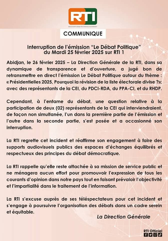 Côte d'ivoire/ Interruption du débat politique sur la RTI : la CEI se retire du plateau en pleine émission, la RTI présente ces excuses
