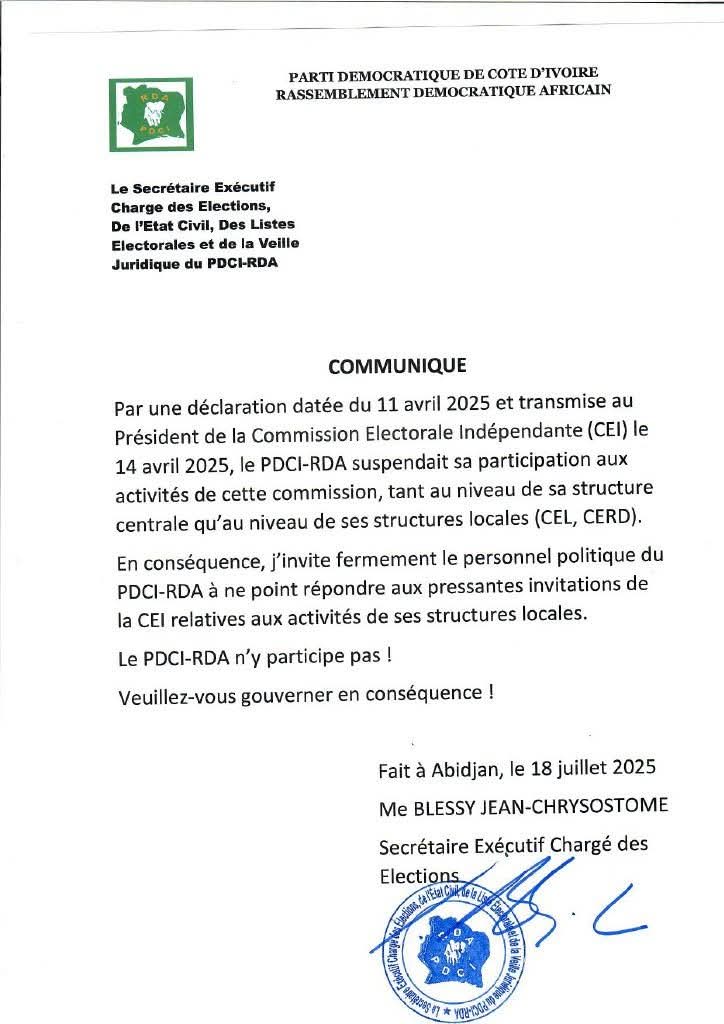 le-pdci-rda-suspend-sa-participation-a-la-cei-un-signal-politique-fort-a-quelques-mois-des-elections
